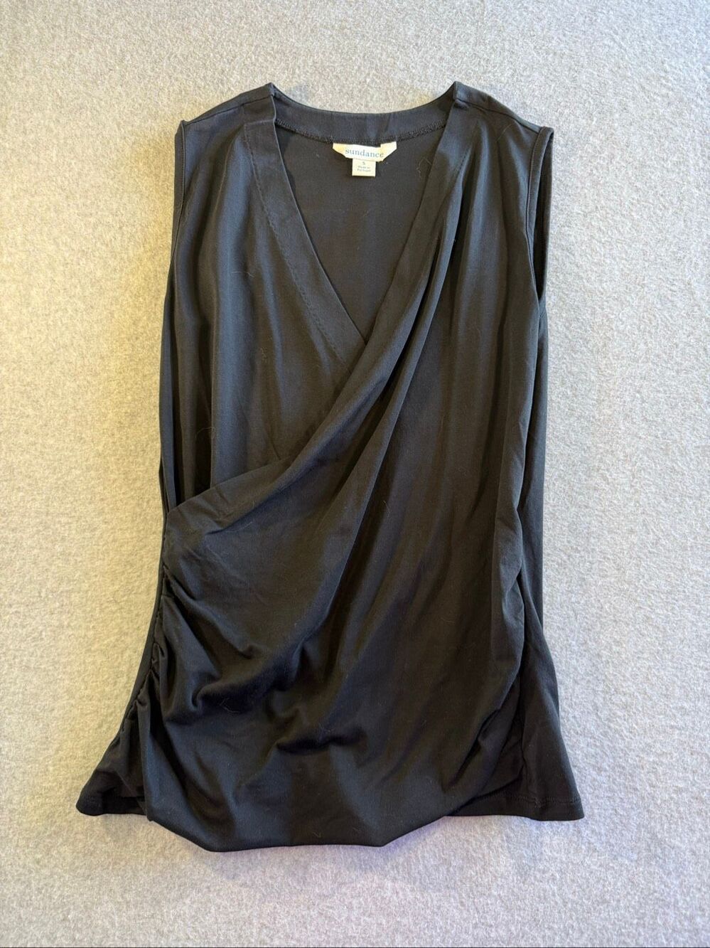 Sundance black surplice neckline draped ruched side detailing sleeveless tank to